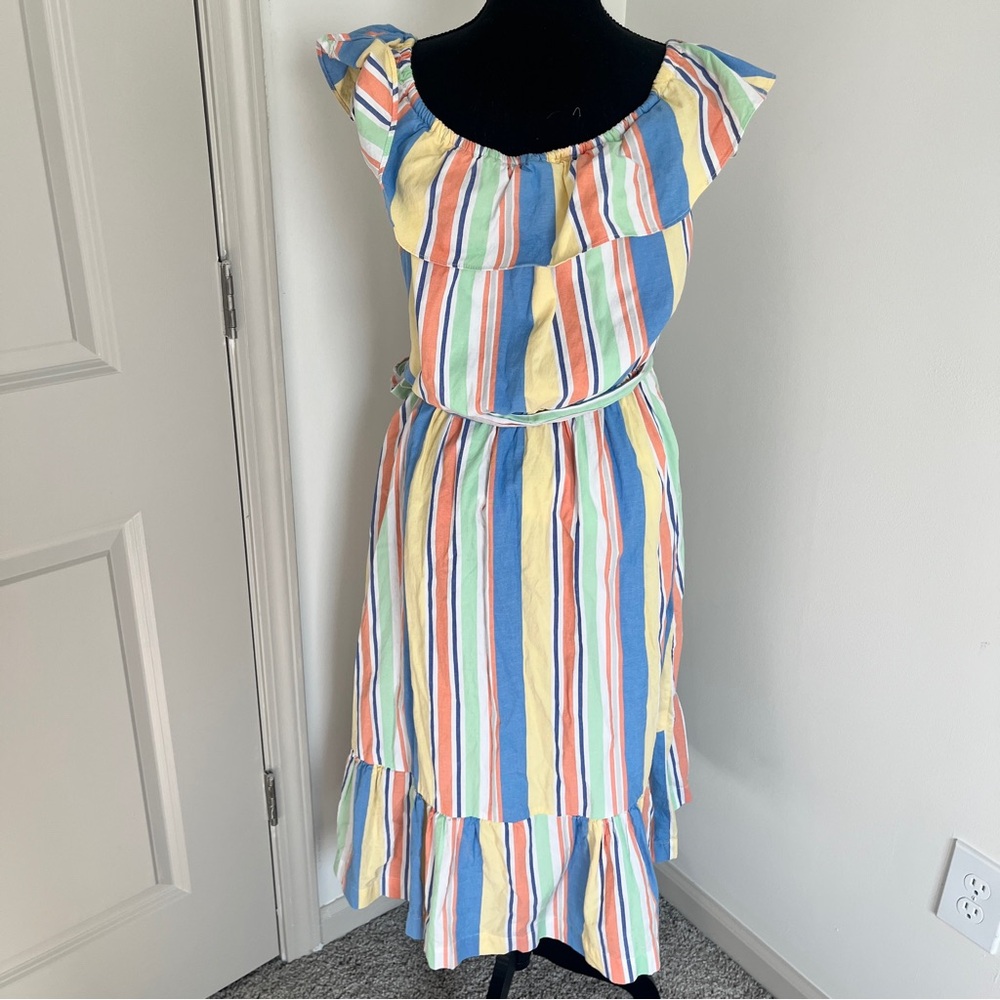 Draper James RSVP Striped Midi Dress Ruffle Neck Tie Waist off the shoulder Sz M - Picture 4 of 6
